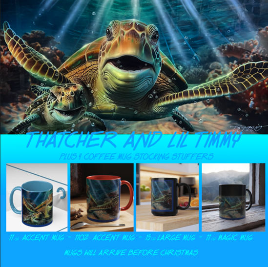 Thatcher and Lil Timmy 12X24 "Turtle Art Lovers"  Christmas Edition With 4 Gift Mugs - CD5108